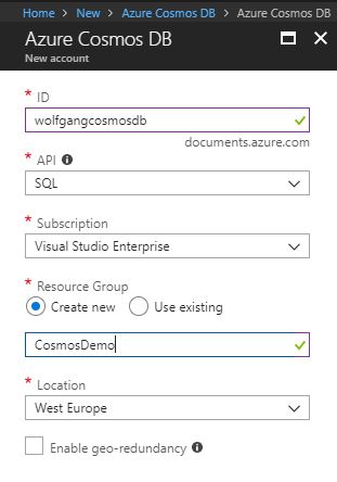Create an Azure Cosmos DB with a SQL API
