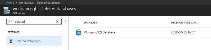 Select a deleted Azure SQL database to restore