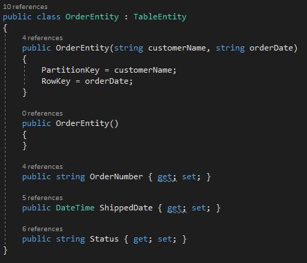 The OrderEntity class will be used to add orders into the table