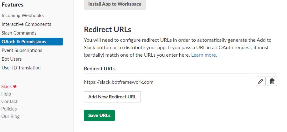 Add a redirect URL to Slack