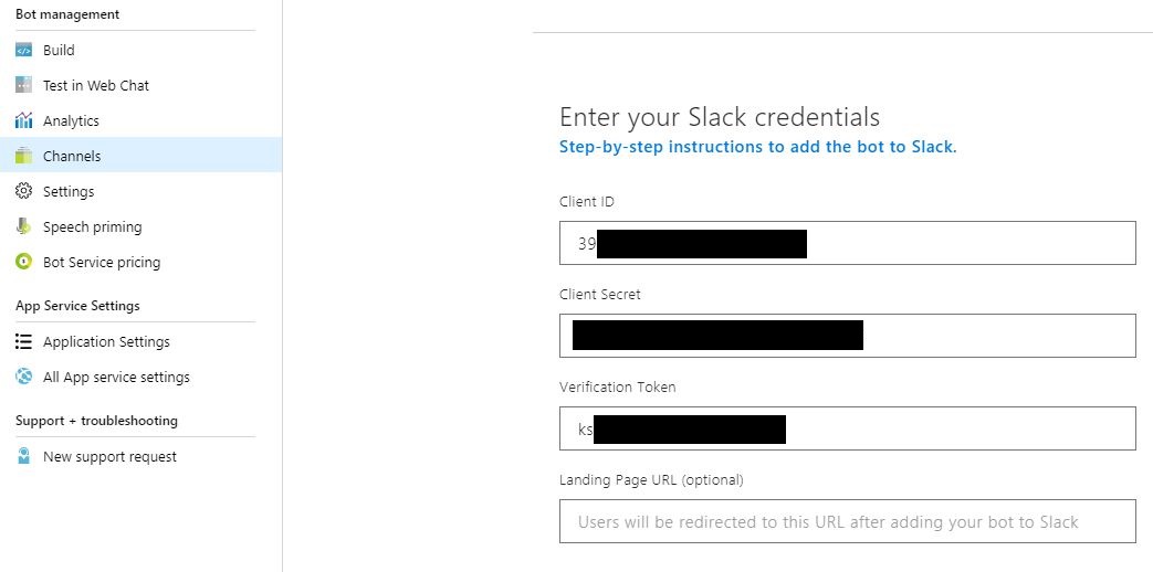 Enter the Slack credentials in the Azure Portal