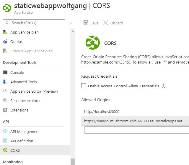 Add the URL of the Static Web Apps to the CORS Setting of the Azure Function