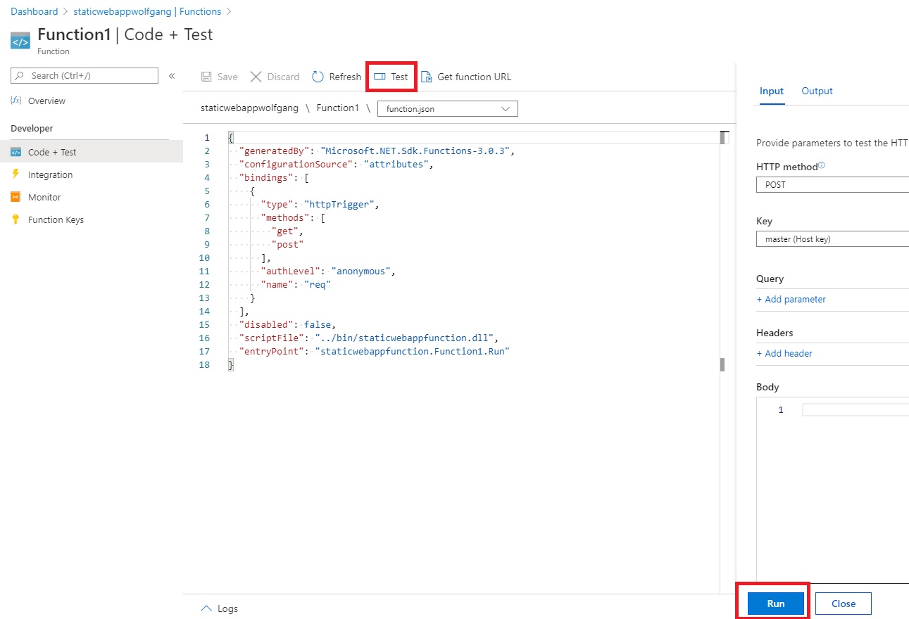 Call the Azure Function to test its functionality