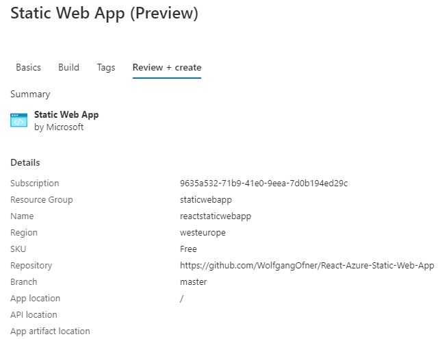 Overview of the Static Web Apps before creation