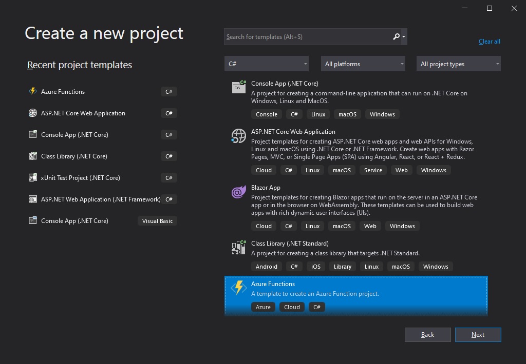 Select the Azure Function template