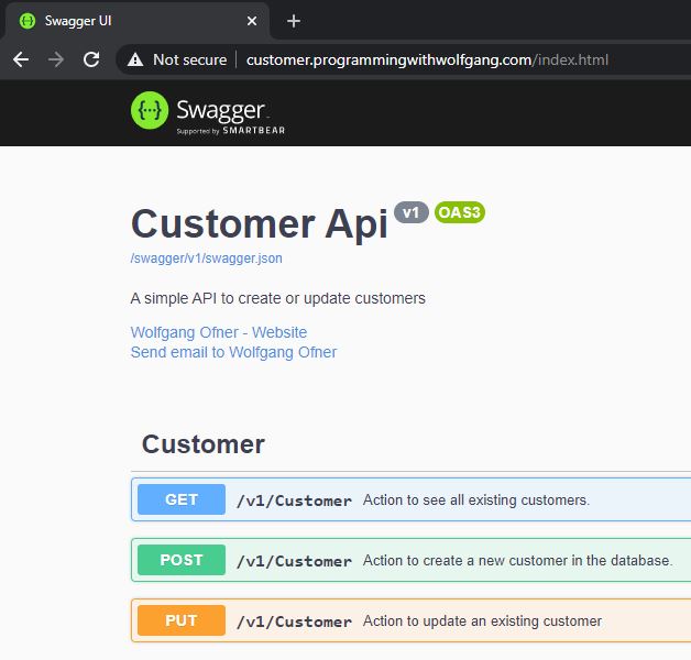 The Swagger UI of the Customer Microservice with the custom URL