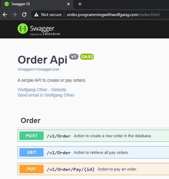 The Swagger UI of the Order Microservice with the custom URL